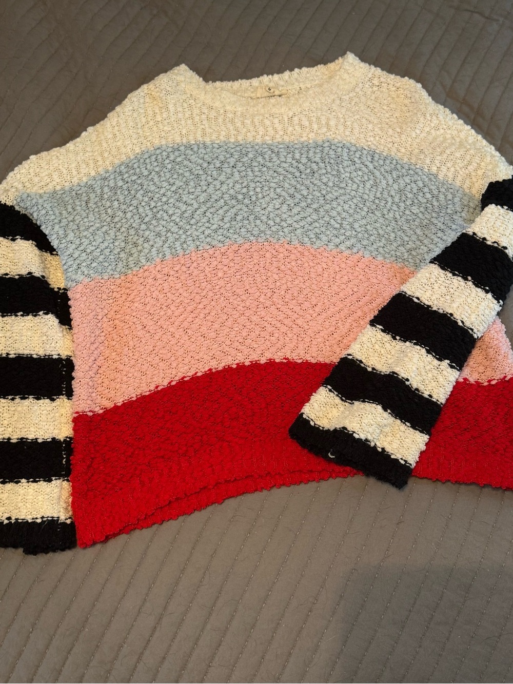 Striped Colorblock Popcorn Knit Sweater - Red, Pink, Blue, Cream
